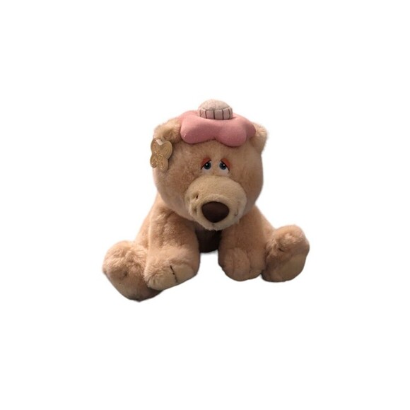 Vintage Russ Get Well Bear Plush Stuffed Toy w Pink Hat Sad Eyes Sitting EUC - Picture 1 of 11